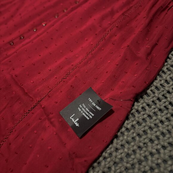 Lulus NWT XL Ruby Red Button Front Clip Dot Rayon Maxi Dress Tiered Ruffle - Picture 4 of 6